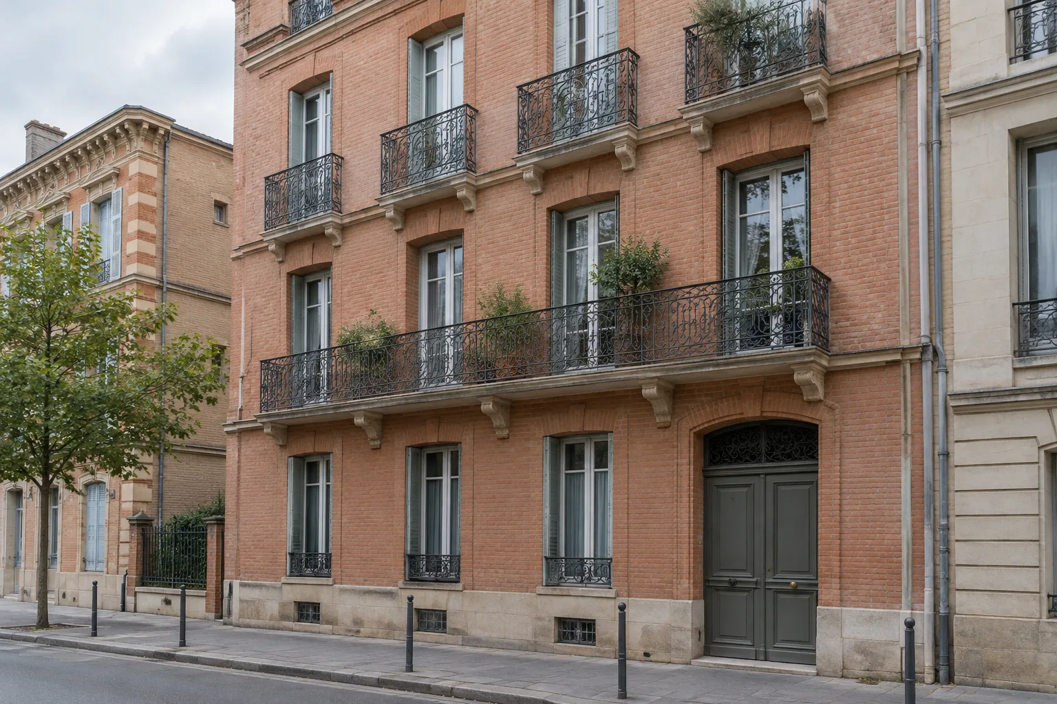 Façade en briques roses d’un immeuble ancien dans une rue de Toulouse.
