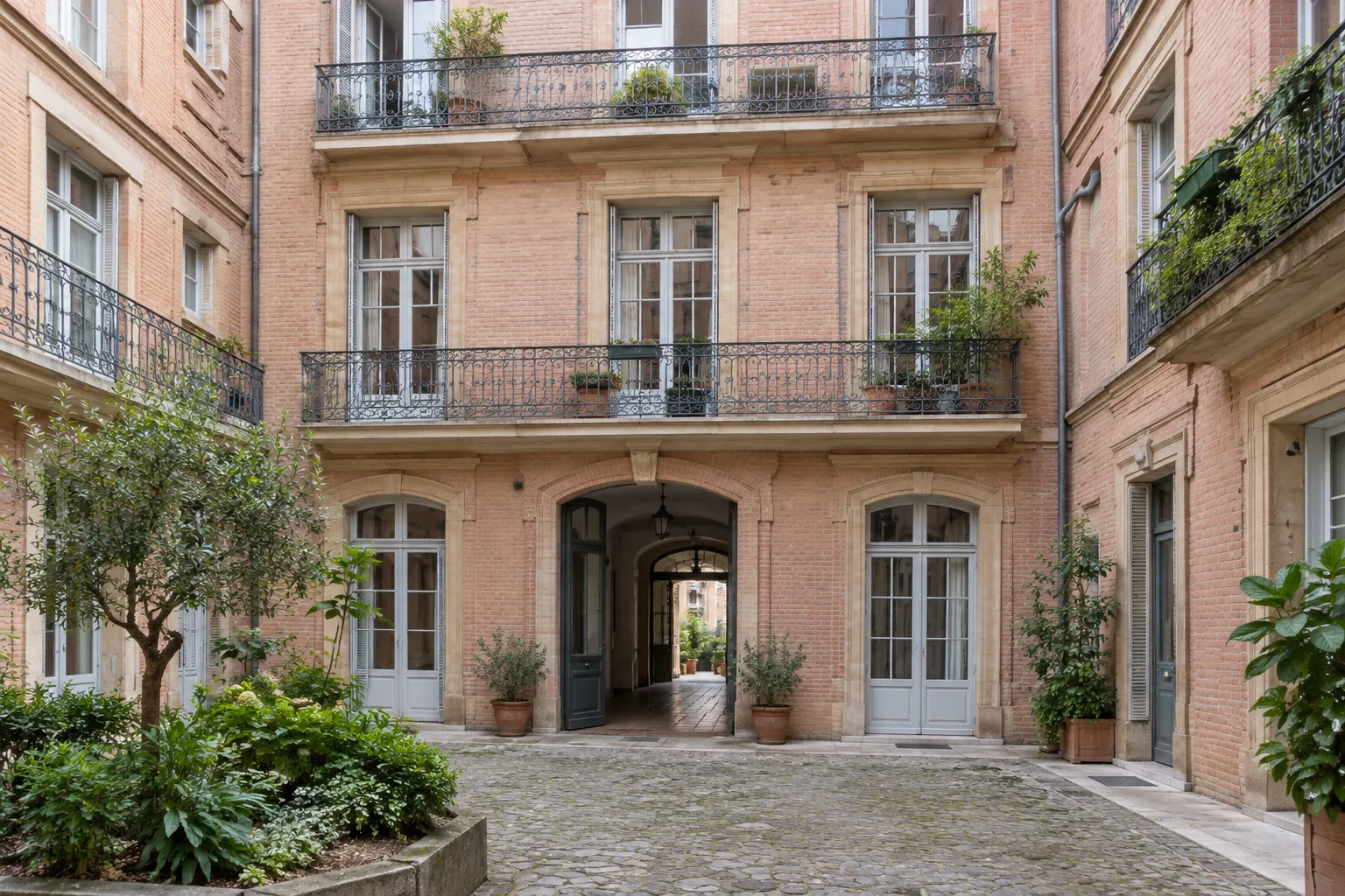 Cour intérieure d’un immeuble d’appartements en briques roses à Toulouse.