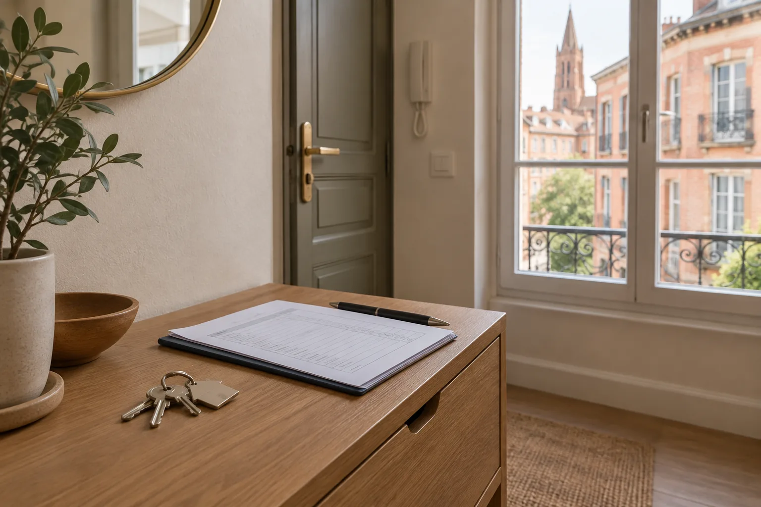 Clés posées près d’un document de location dans un appartement toulousain.