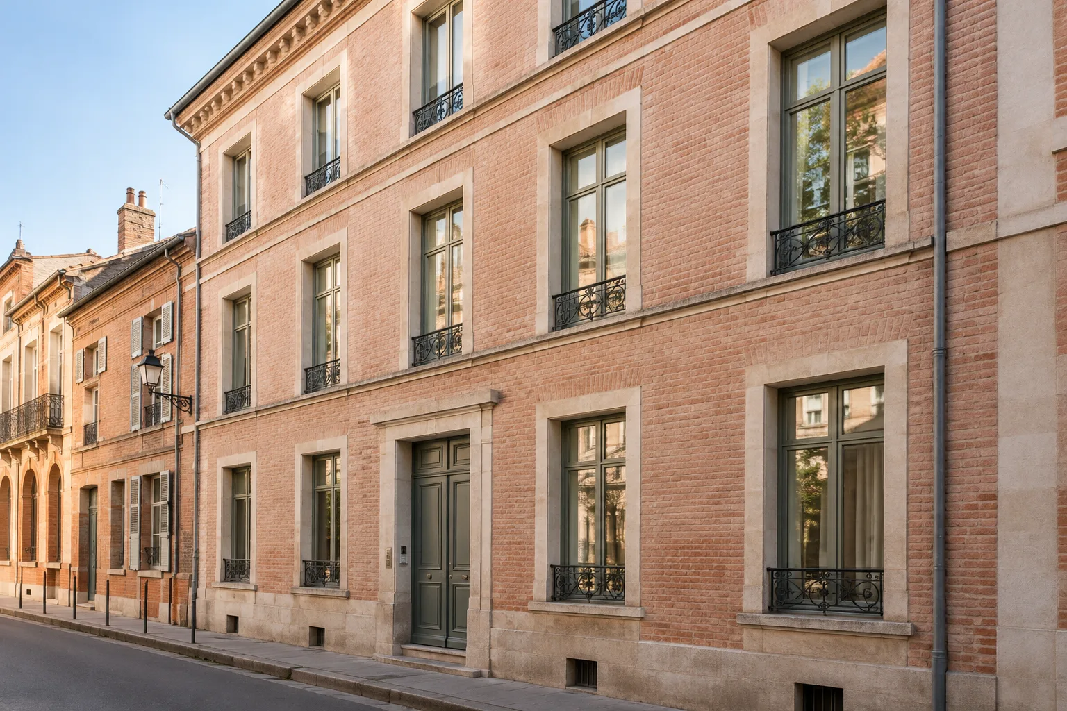 Façade d’un immeuble résidentiel en brique rose dans une rue de Toulouse.