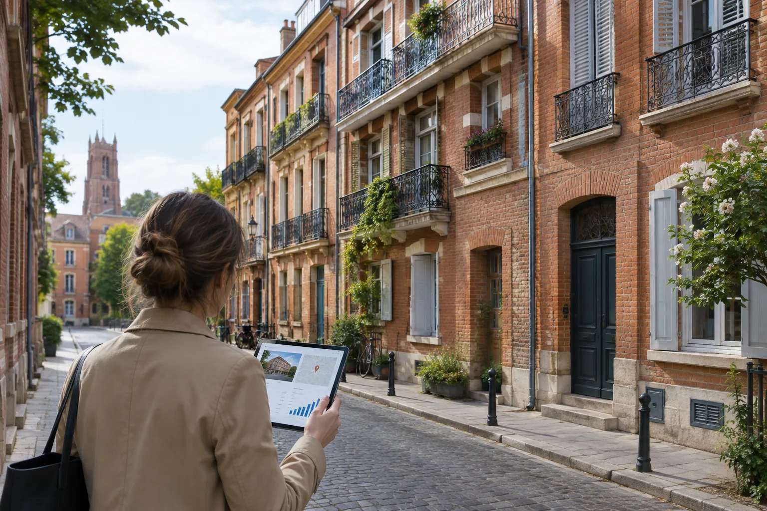 Façades en briques d’une rue résidentielle toulousaine.