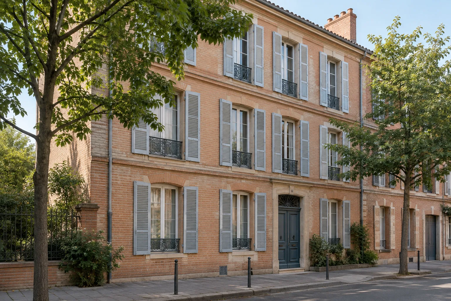 Façade d’un immeuble résidentiel en briques dans une rue de Toulouse.